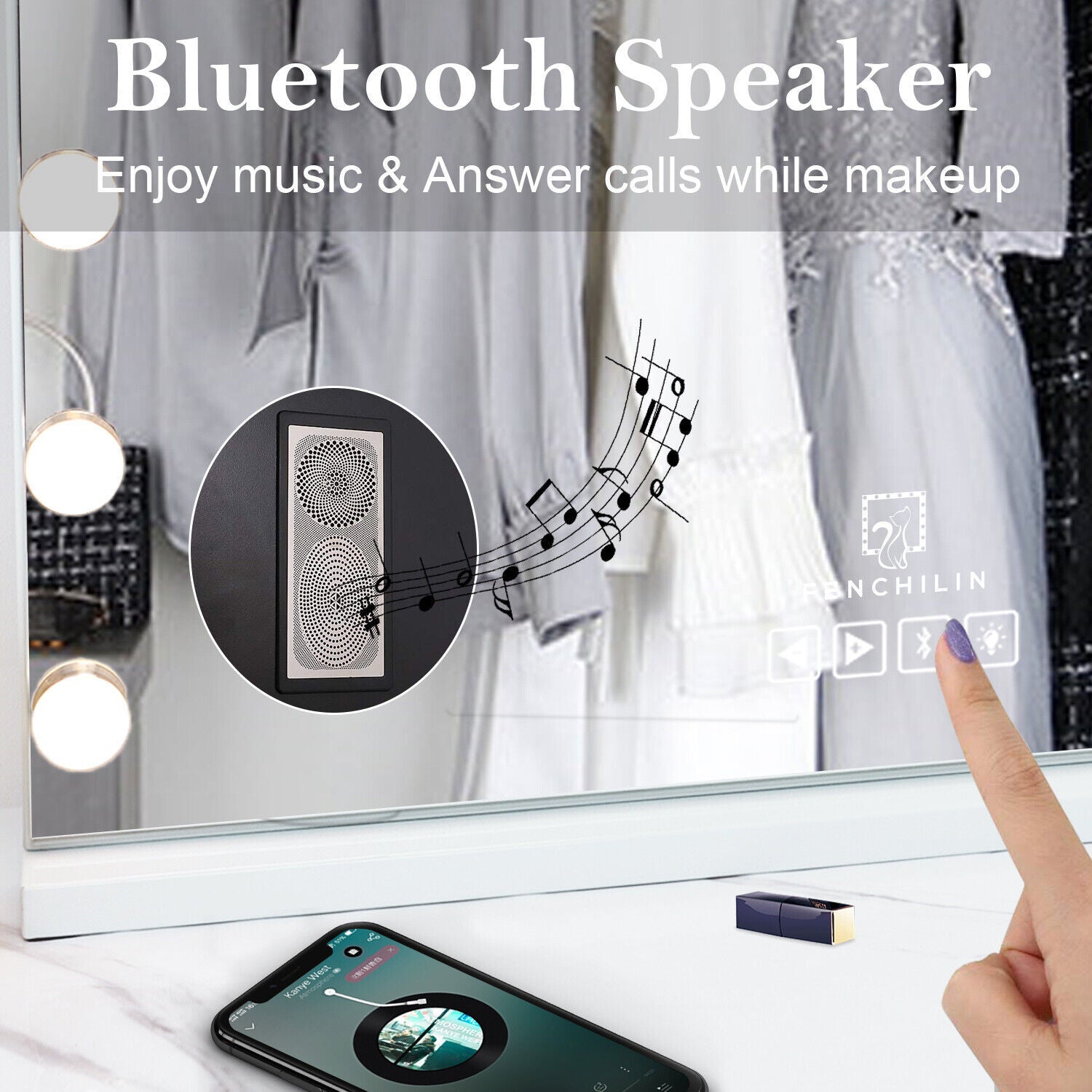 Hollywood LED Vanity Mirror Bluetooth Rectangle White Silver