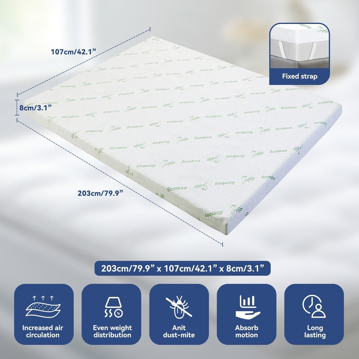 King Single Bamboo Memory Foam Mattress Topper 7-Zone 8cm
