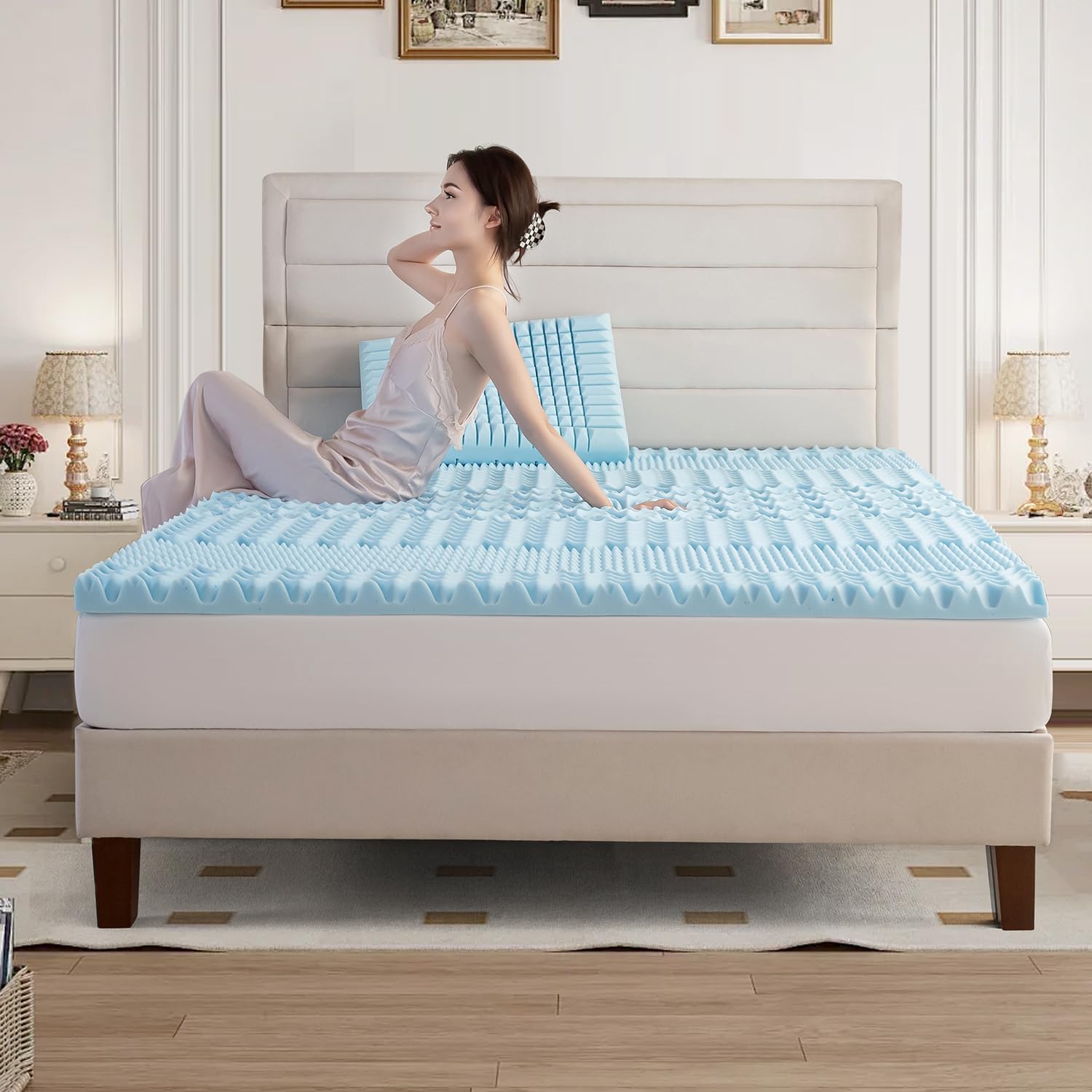 Queen Memory Foam Mattress Topper 7-Zone Bamboo Cover Breathable