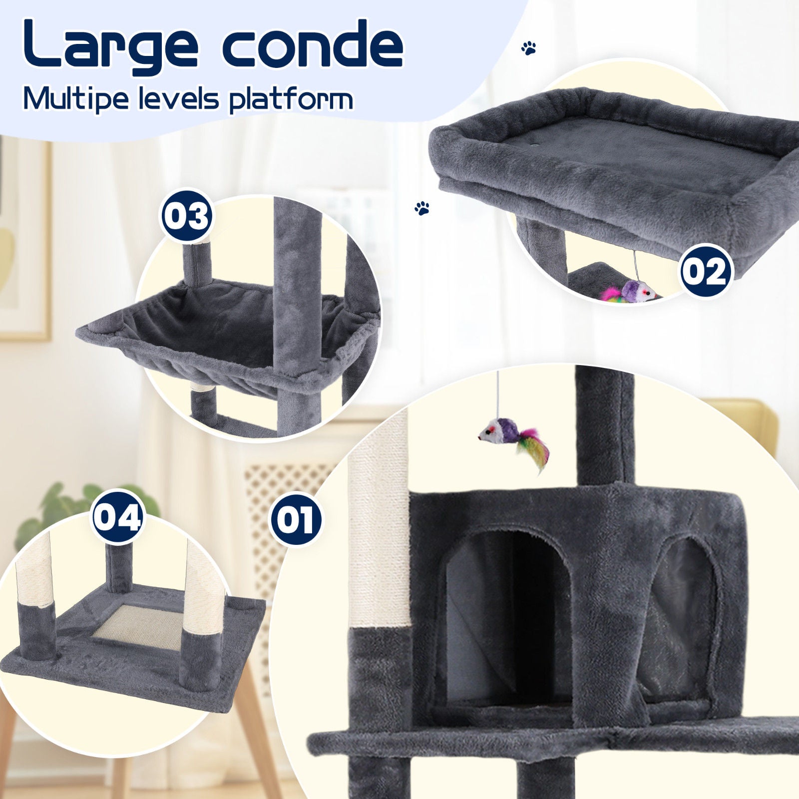 Cat Tower Tree Condo Scratching Post Dark Grey 142cm