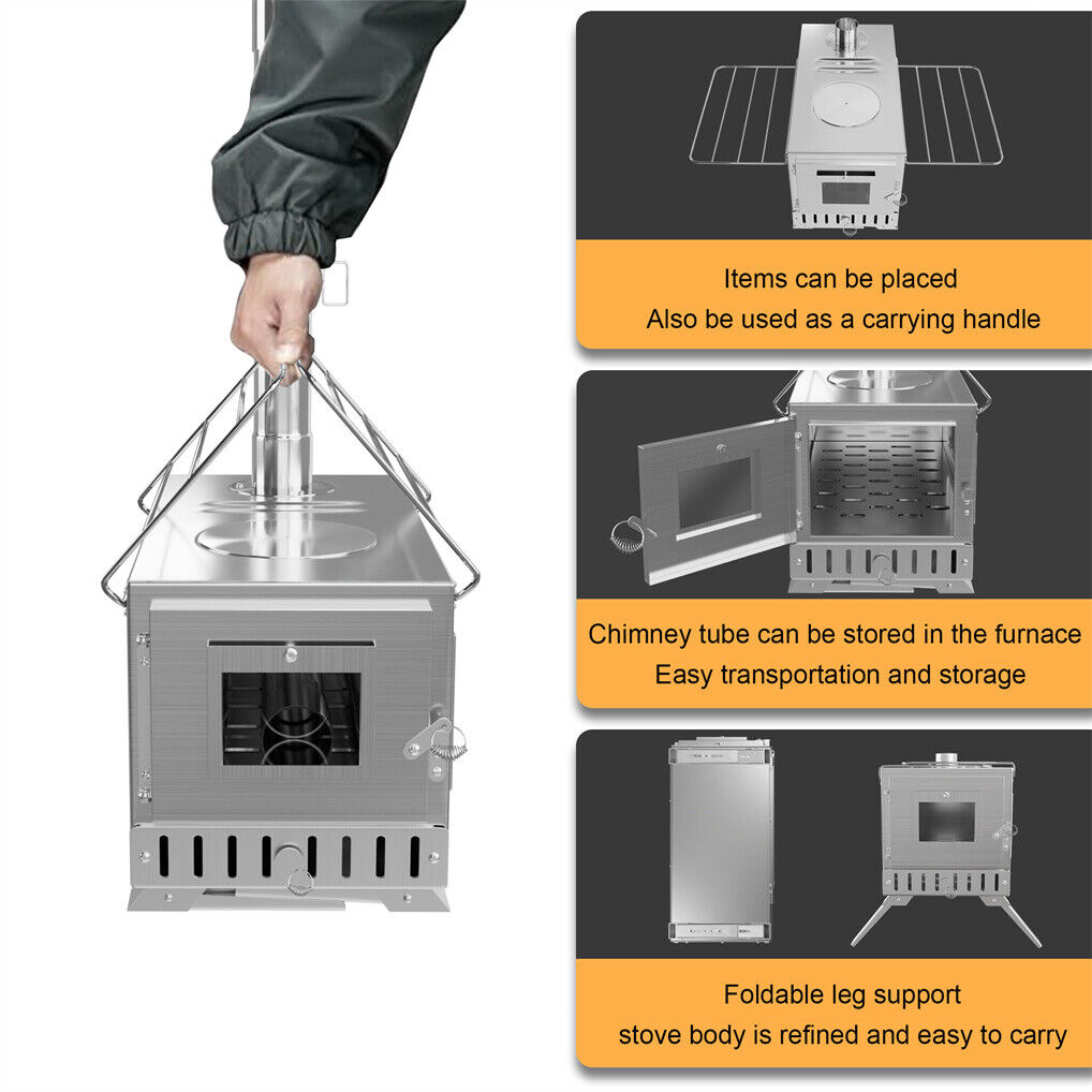 Stainless Steel Wood Burning Stove 1 Burner Camping BBQ with Chimney