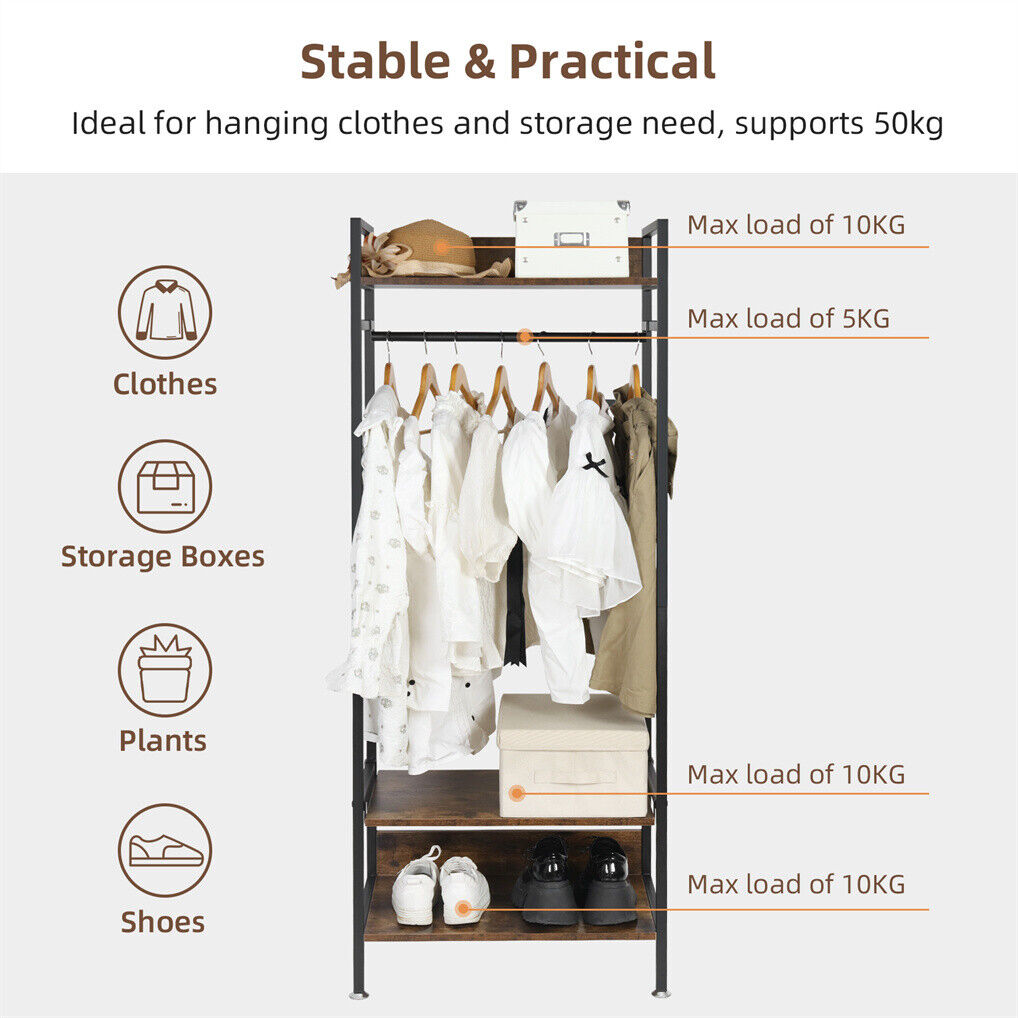 Heavy Duty Clothes Rack 3 Tiers MDF & Metal Iron Rail