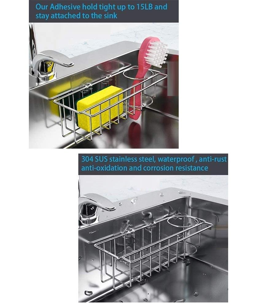 3-in-1 Adhesive Stainless Steel Sink Caddy Organizer Storage for Kitchen Rustproof