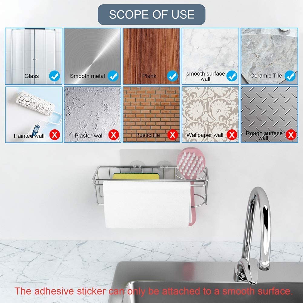 3-in-1 Adhesive Stainless Steel Sink Caddy Organizer Storage for Kitchen Rustproof