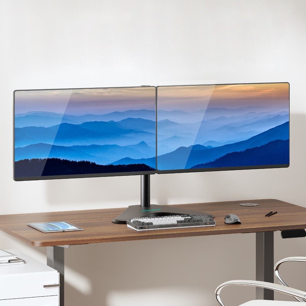 activiva Dual-Screen Articulating Monitor Arm with Free-Standing Desktop Base