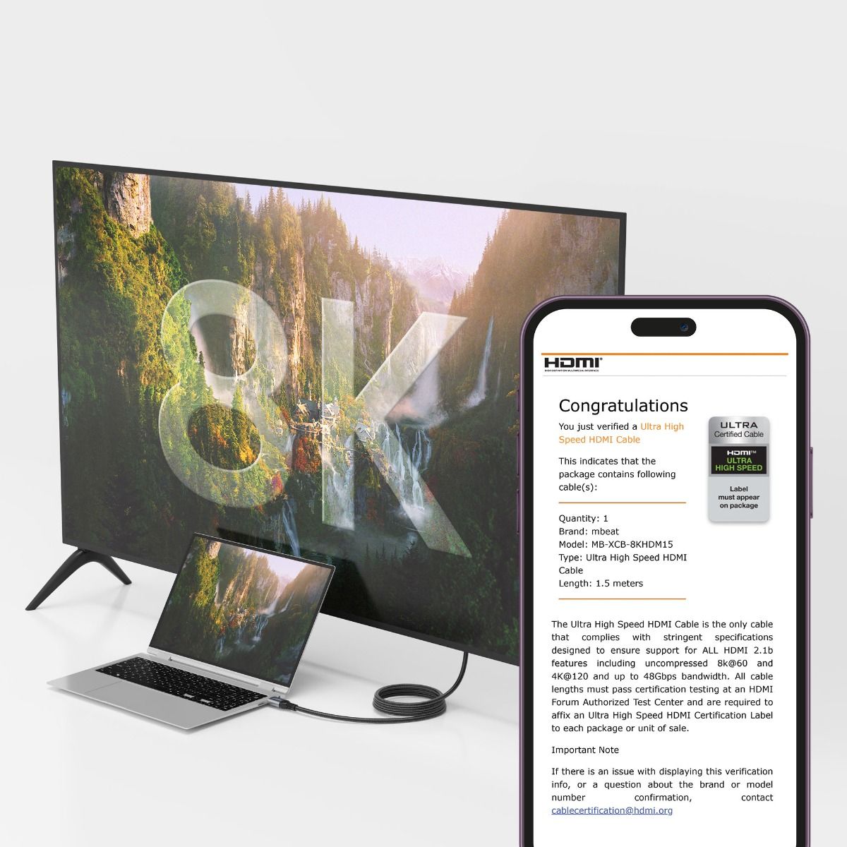 mbeat Tough Link 1.5m Certified 8K HDMI Cable - Space Grey