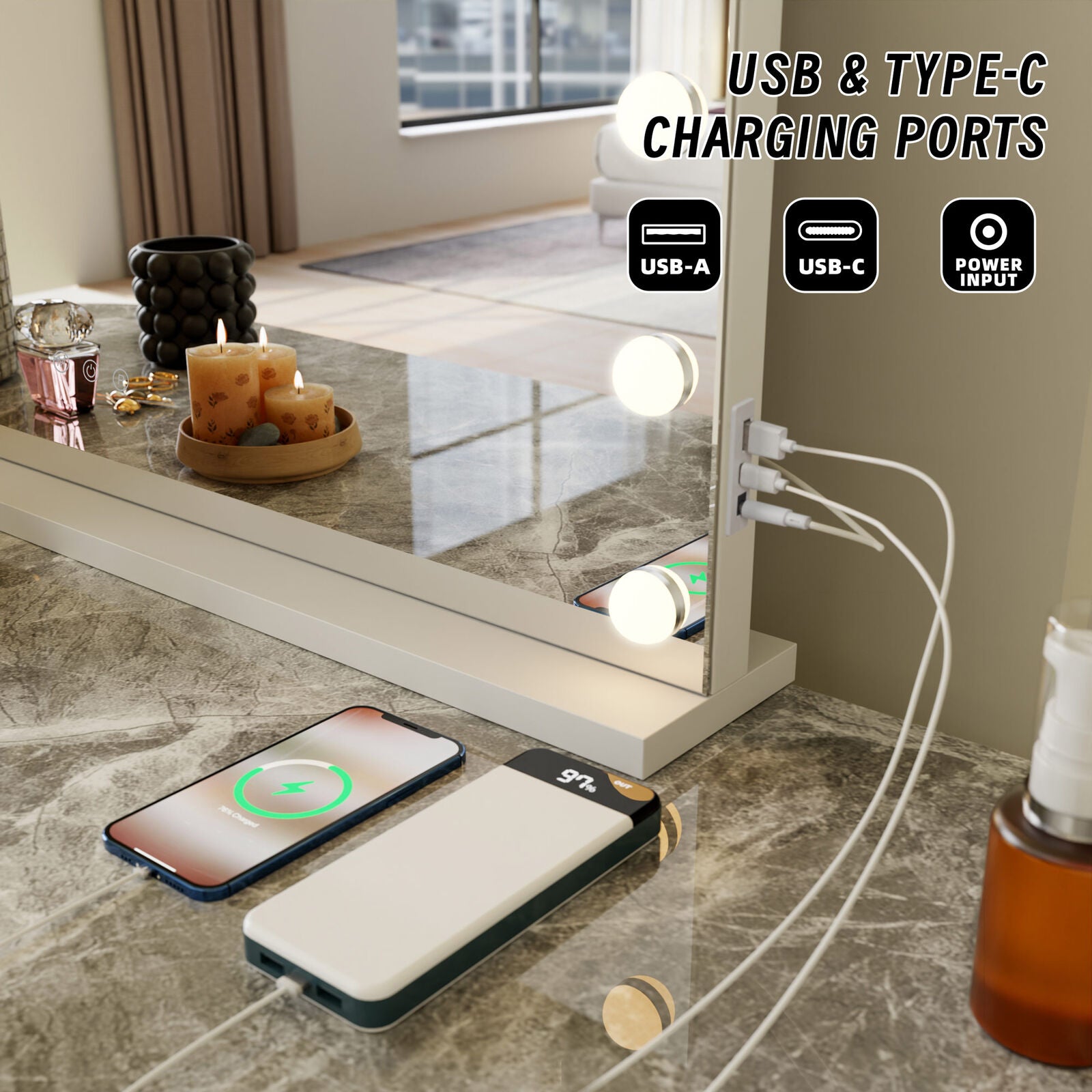 LED Beauty Mirror with 15 Bulbs, Colour Settings, USB A and USB C, White, 58 × 48cm