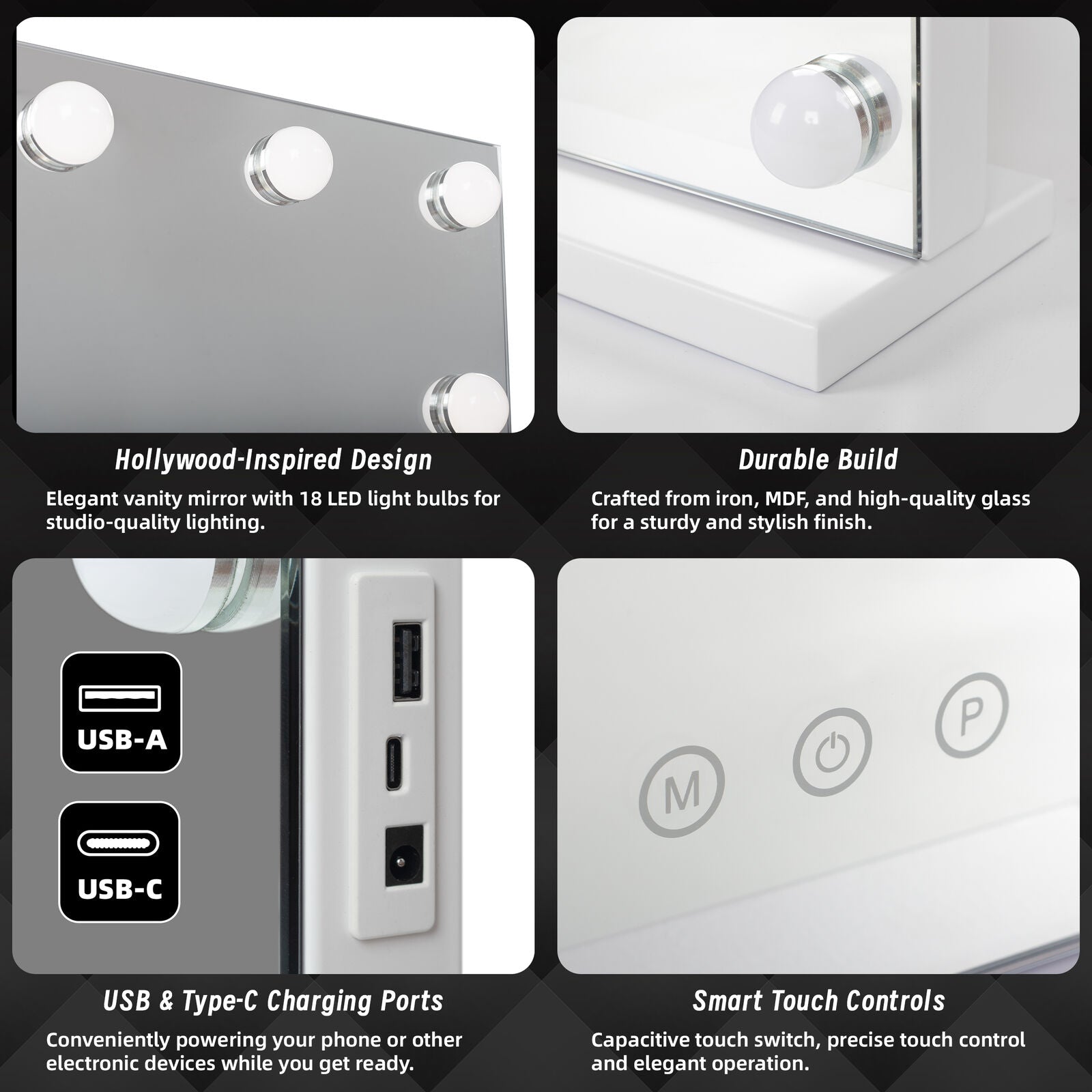 Beauty Mirror with 18 LED Bulbs, Colour Settings, White Frame, and USB A and C Ports