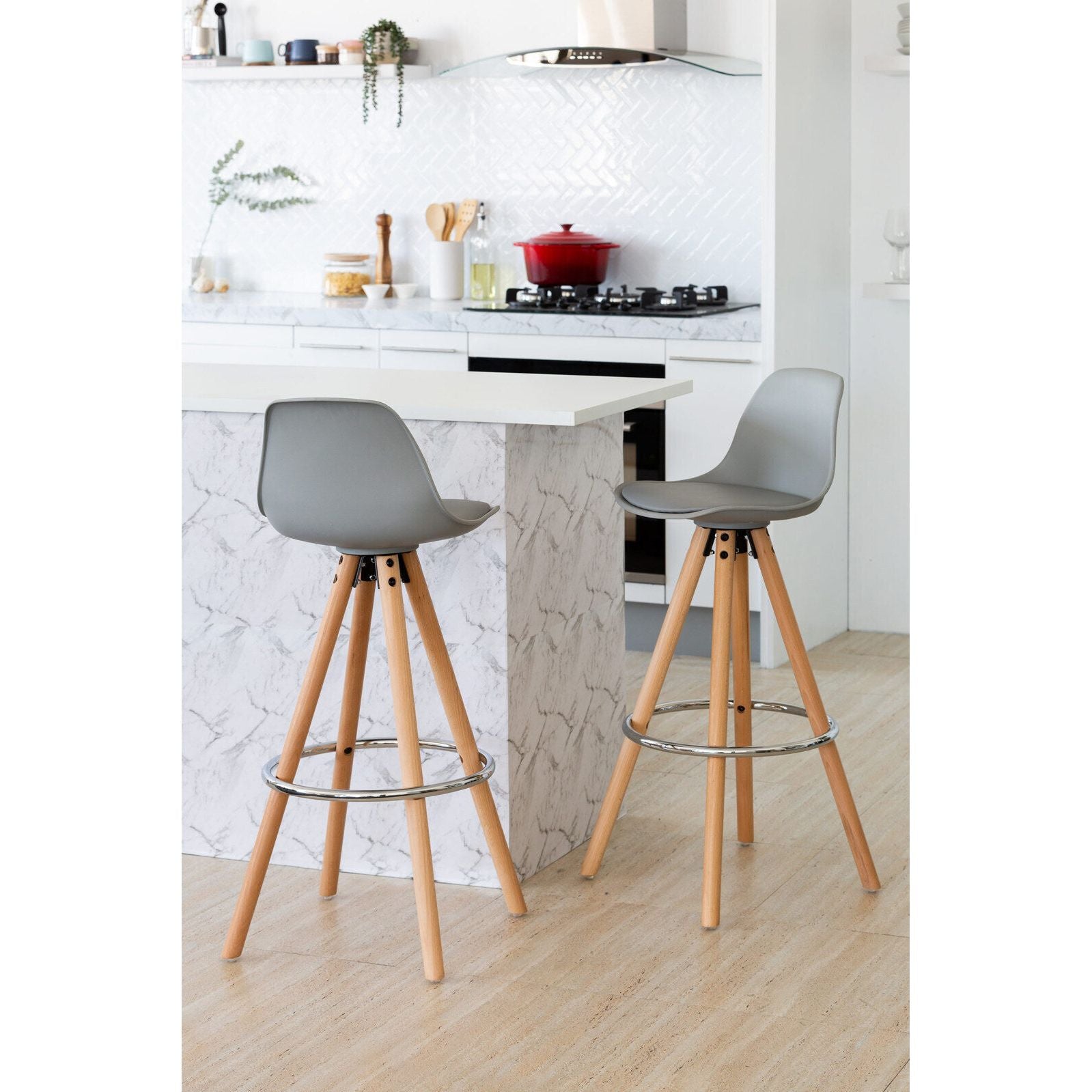 2 PU Leather Padded Barstools (Light Grey/Wood) with Metal Footrest
