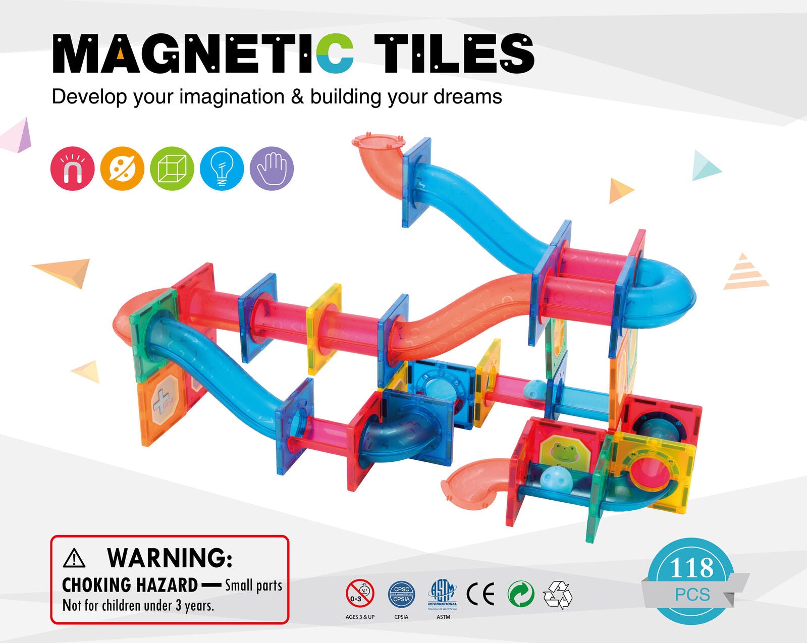 118 Pcs non-toxic STEM Educational, Durable Magnetic Tiles/Puzzle with Storage Bag