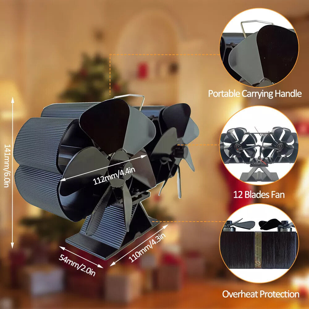 12 Blade Fan Heat Self-Powered Wood Stove Top Burner Fireplace Silent Eco Heater