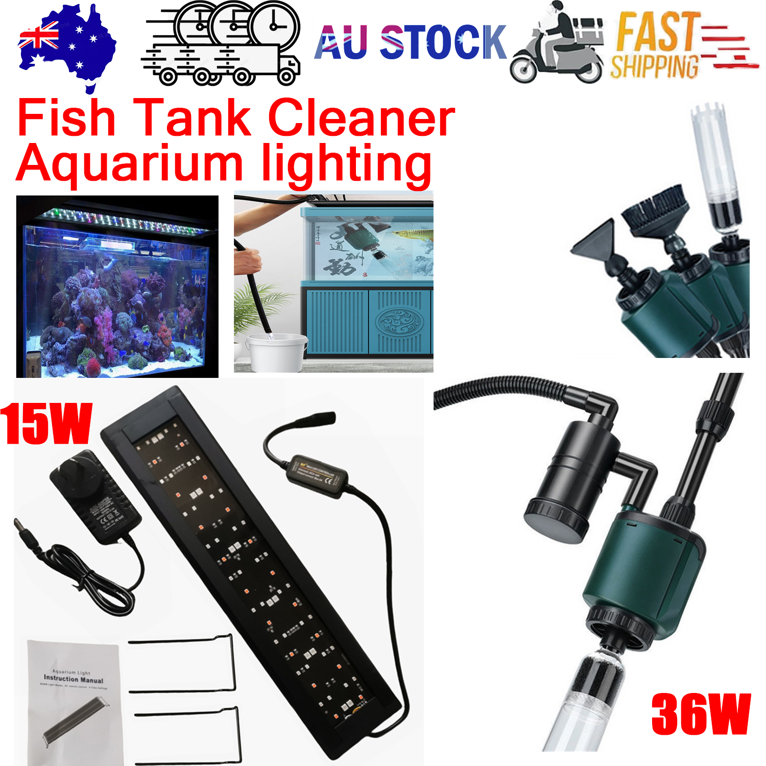 36W aquarium sand washer with plug adapter & 15W 66LED RGBW aluminum shell bracket light 40CM/28-key control