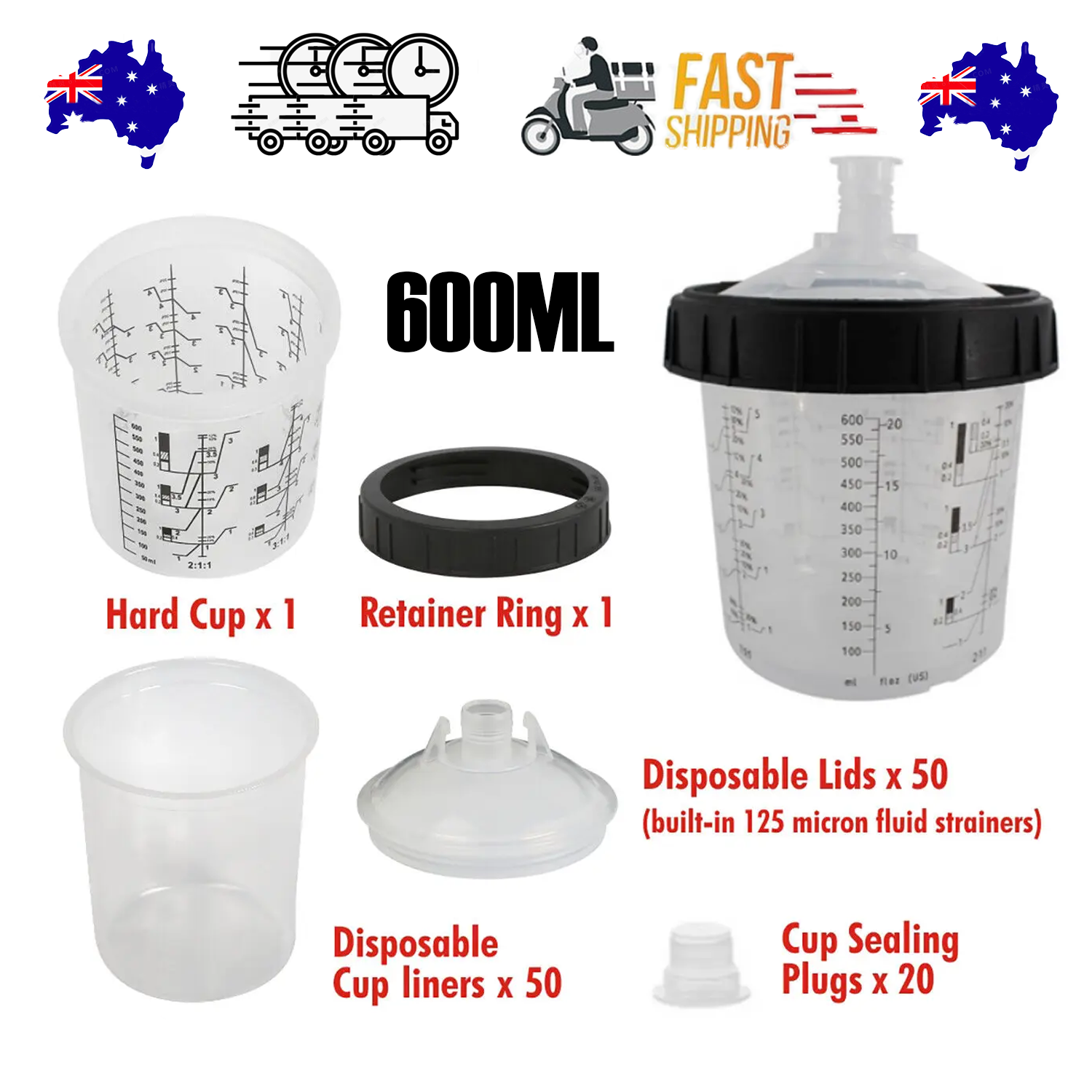 50 Sets Paint Spray Gun Cup Lids Liners Kit with Micron Filter 600ML Clear