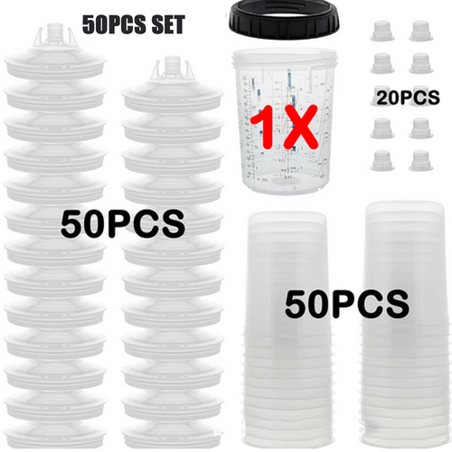 50 Sets Paint Spray Gun Cup Lids Liners Kit with Micron Filter 600ML Clear