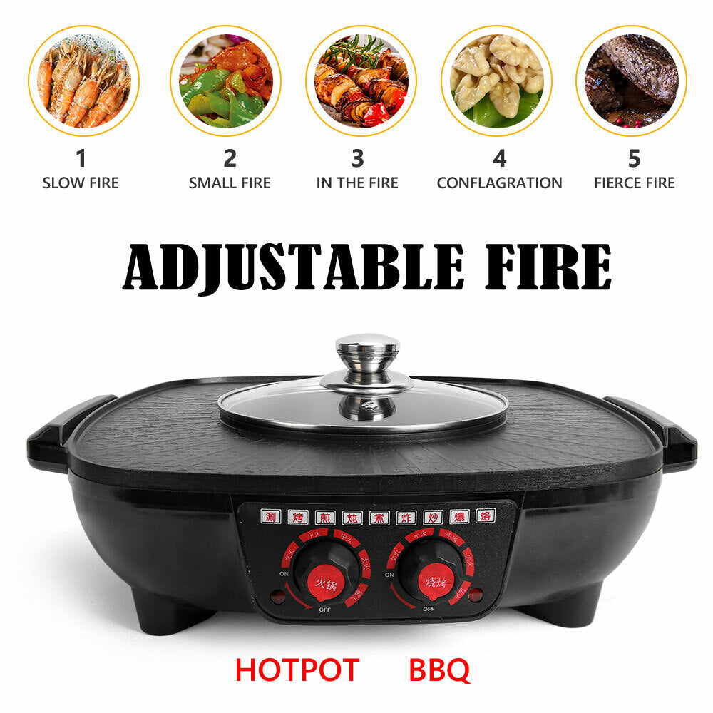 Electric 2 in 1 Hot Pot BBQ Oven Smokeless Barbecue Pan Grill Hotpot Machine