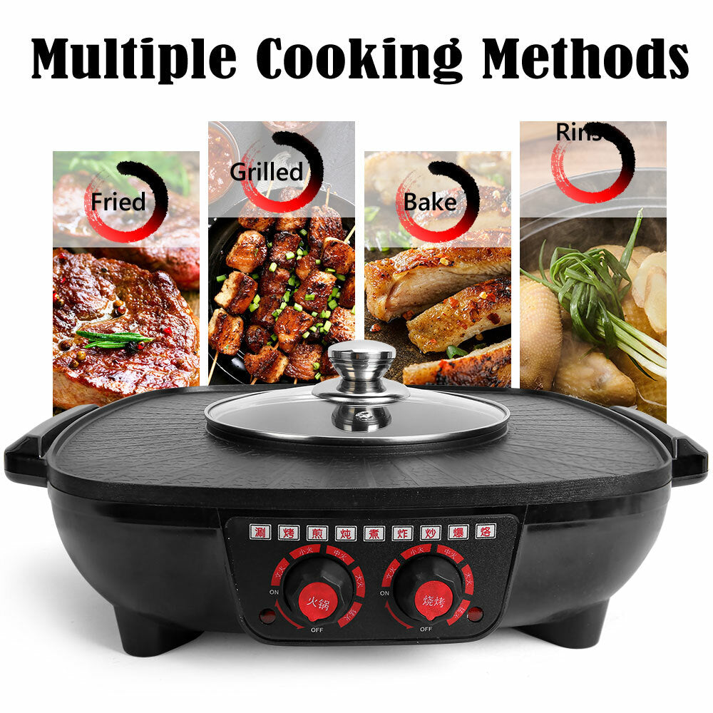 Electric 2 in 1 Hot Pot BBQ Oven Smokeless Barbecue Pan Grill Hotpot Machine