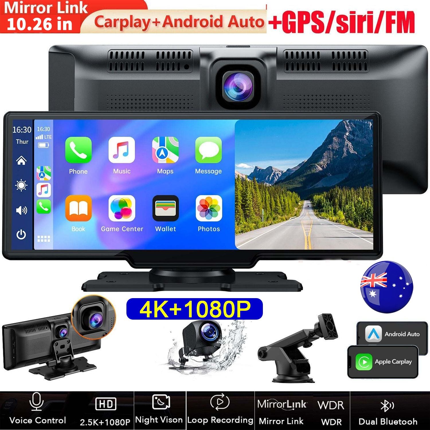 4K 10.26" Touch Dash Camera Cam Dual Car Recorder for CarPlay Android Auto