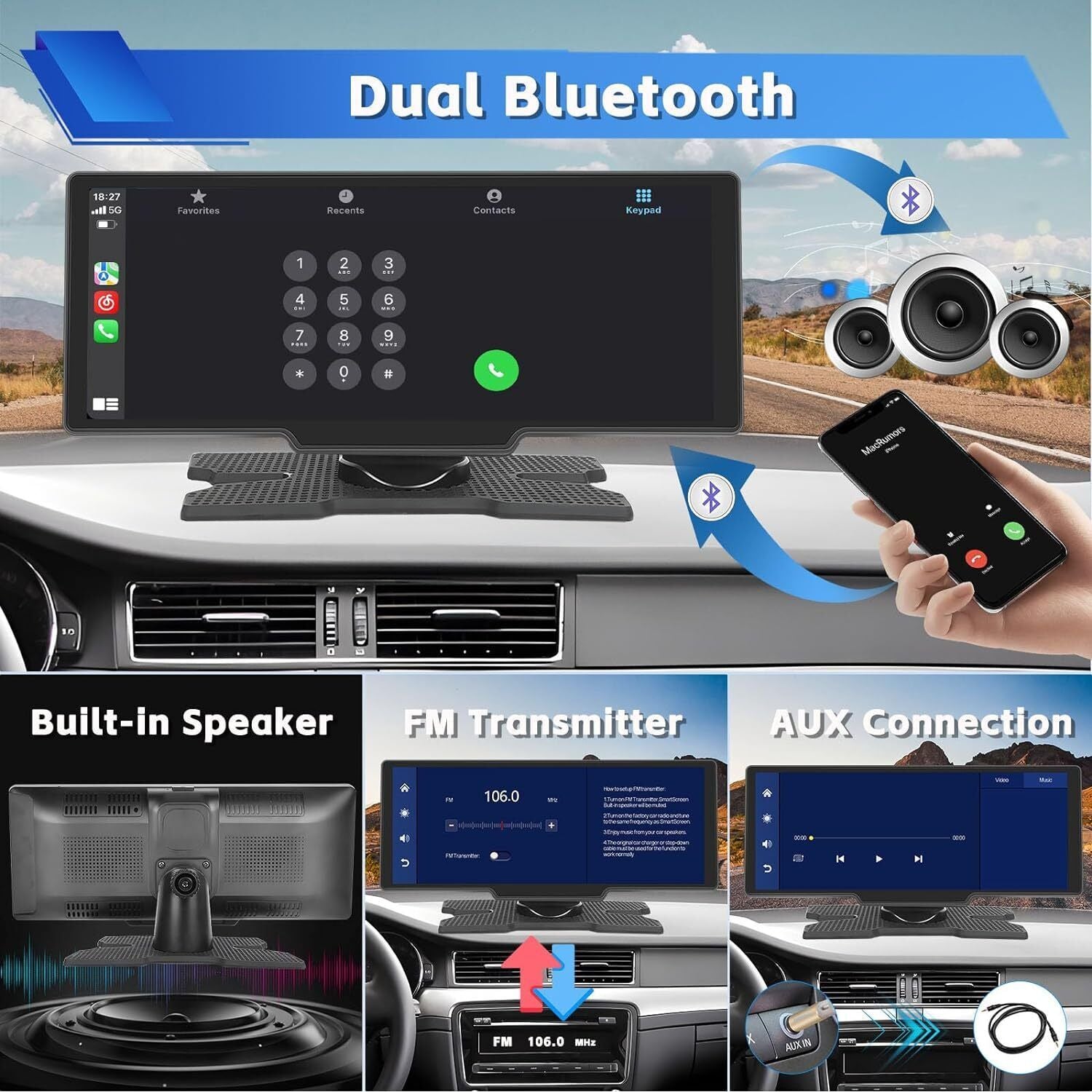 4K 10.26" Touch Dash Camera Cam Dual Car Recorder for CarPlay Android Auto
