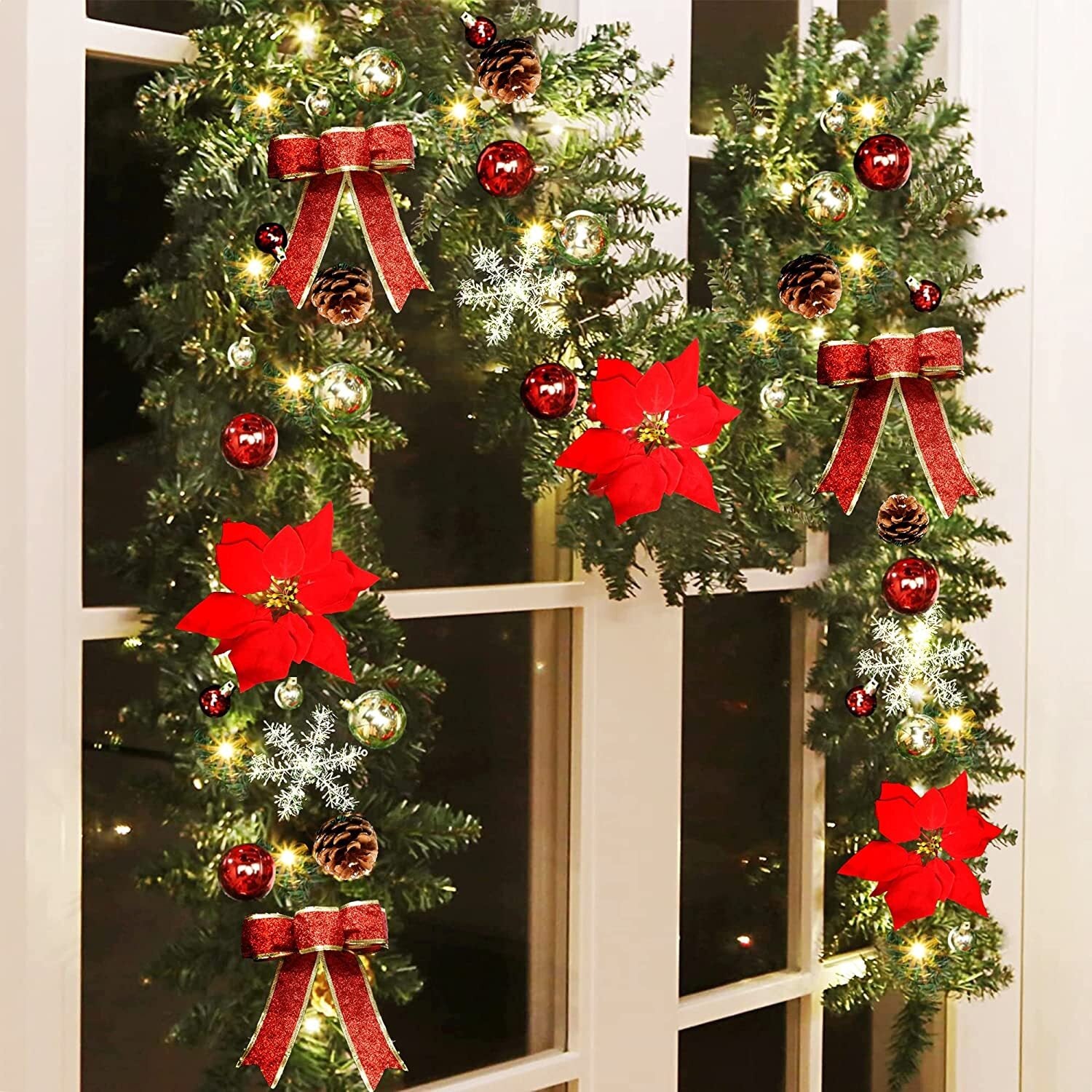RED 9FT Xmas Christmas Garland Artificial Wreath with LED Lights Stairs Home Rattan