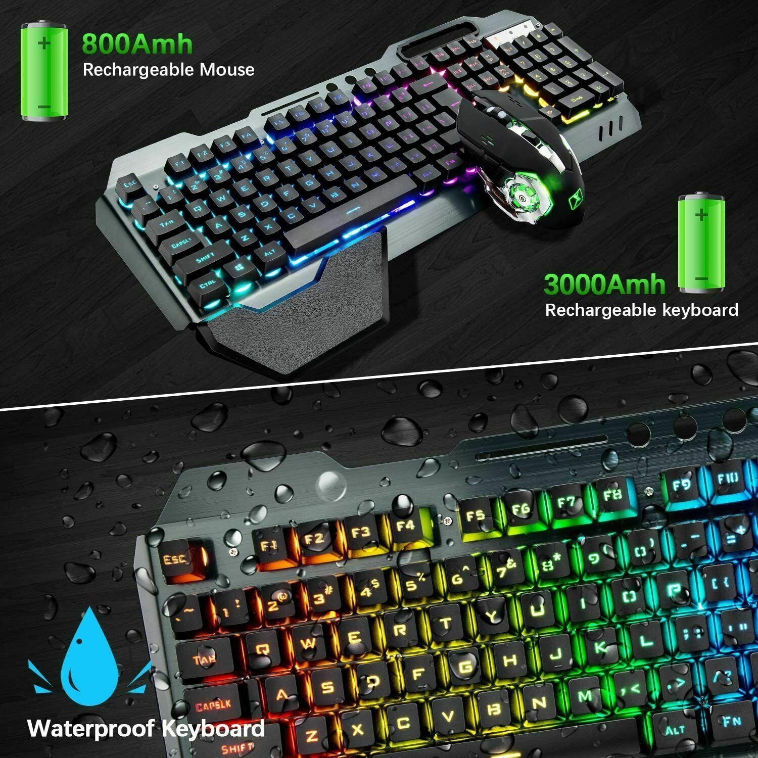 104 Keys Wireless Gaming Keyboard Mouse Set+Mouse Pad, RGB LED Backlit PC/Laptop Black-Rainbow