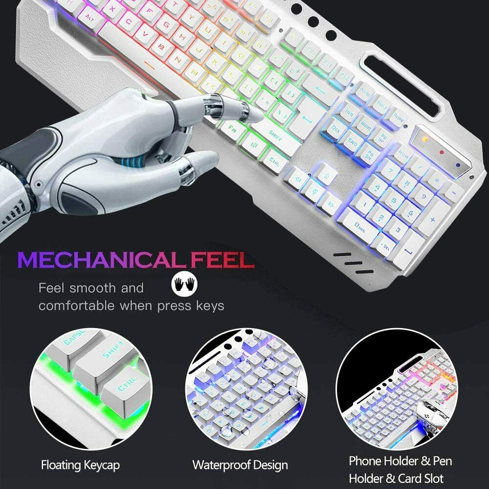104 Keys Wireless Gaming Keyboard Mouse Set+Mouse Pad, RGB LED Backlit PC/Laptop White-RGB