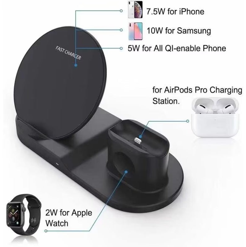 N30 3 in 1 Wireless Charger Qi Fast Charger Stand for iPhone/Samsung/Airpods/Apple Watch-Black
