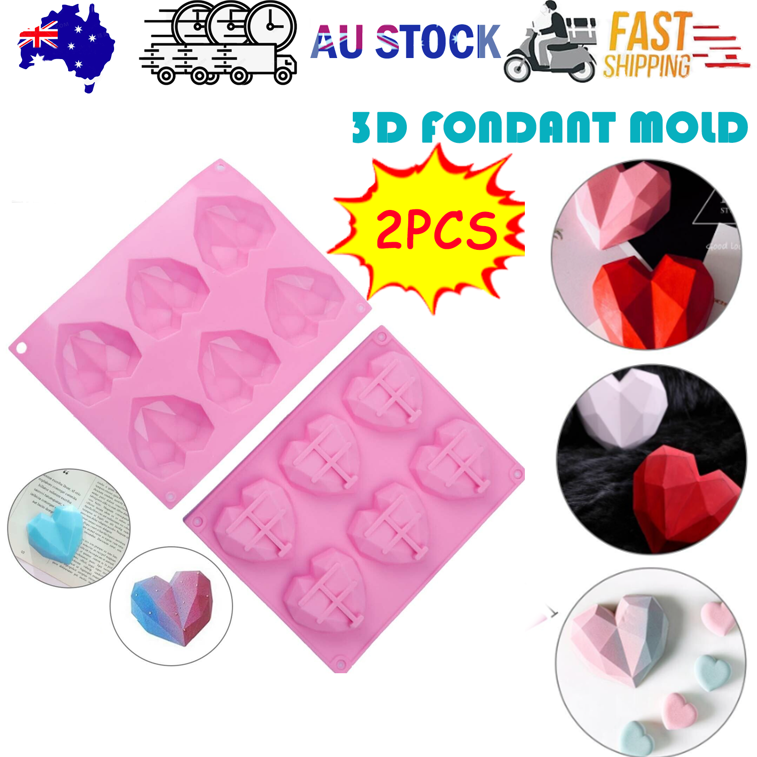 2PCS DIY 3D Fondant Mold Silicone Heart Shape Candy Cake Chocolate Mould Sugar Craft