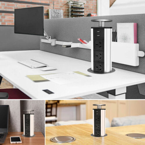 Pop Up Power Point 3 Socket Plug + 2 USB Table Home Kitchen Desk Outlet
