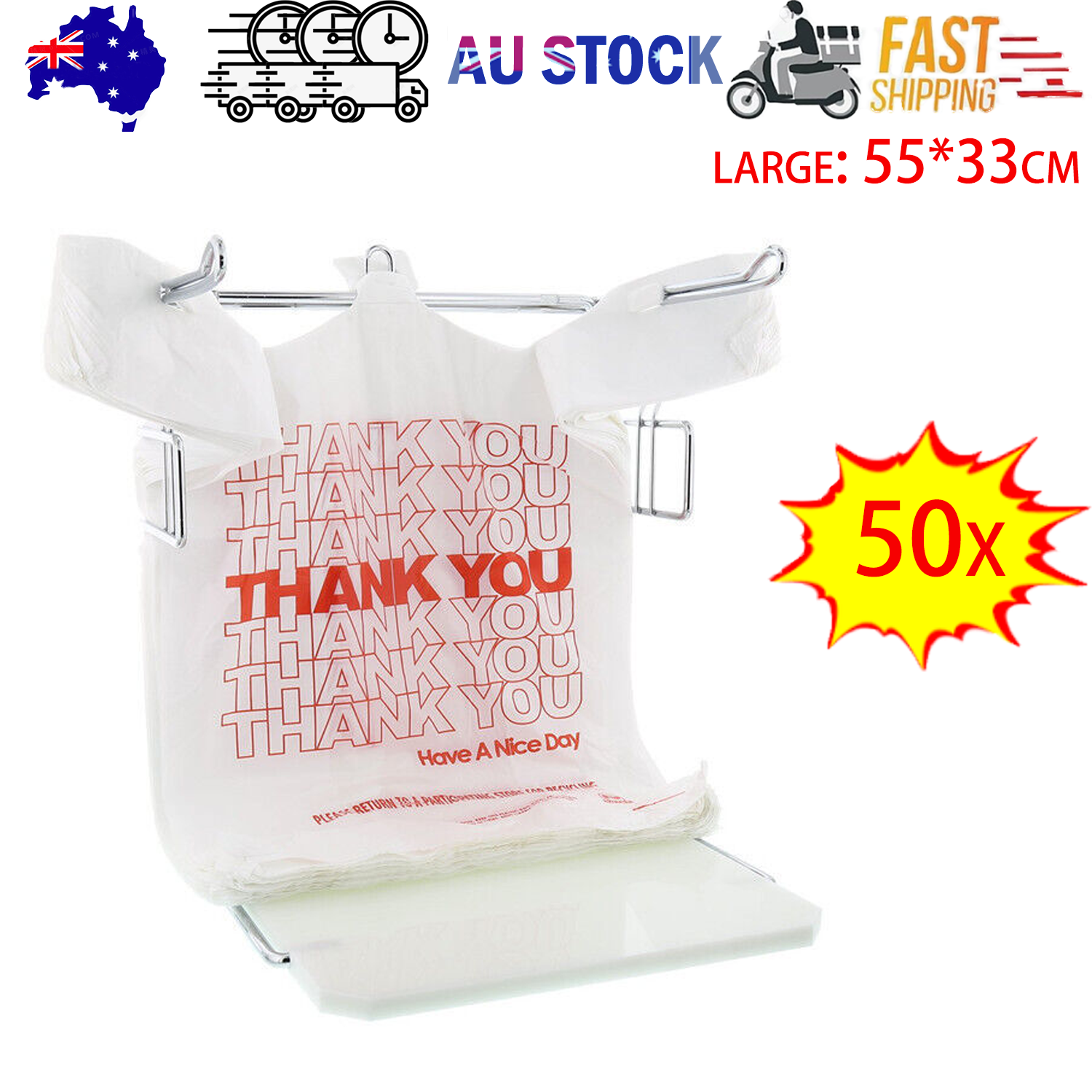 50X Plastic Shopping Bags - Reusable Recyclable Singlet Eco Grocery Carry Bag large