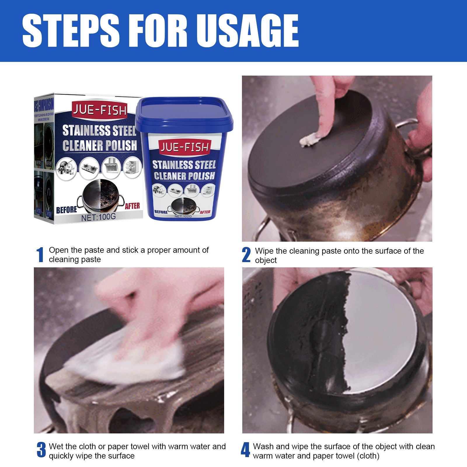 Jue-Fish Stainless Steel Cleaning Cream, Kitchen Decontaminant Pot Rust, Pot Bottom, Stove Top Black Scale Cleaning Cream