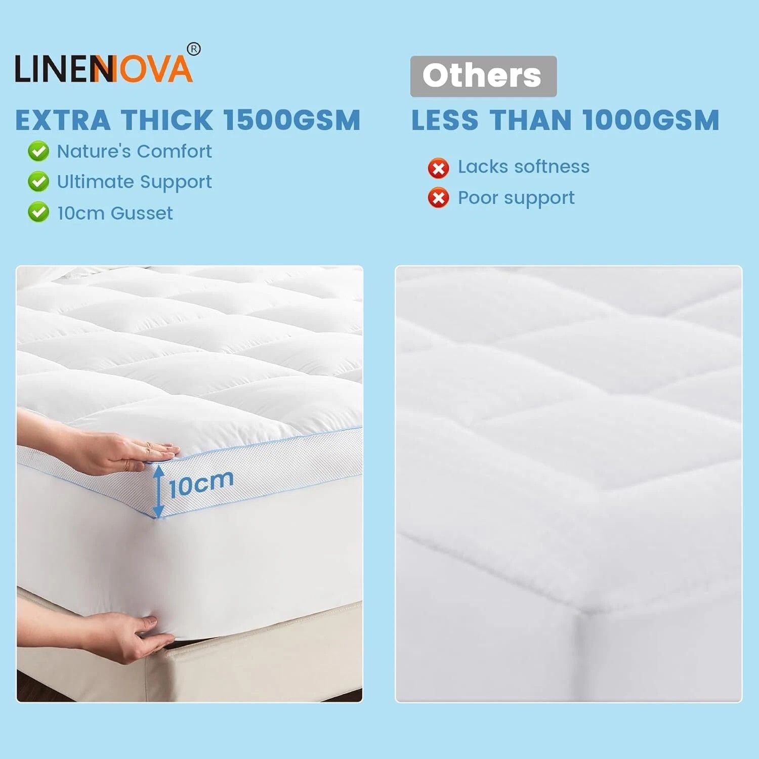 1500GSM Bamboo Mattress Topper Extra Thick 10CM Bed Topper Double: 137 x 191 + 40 cm