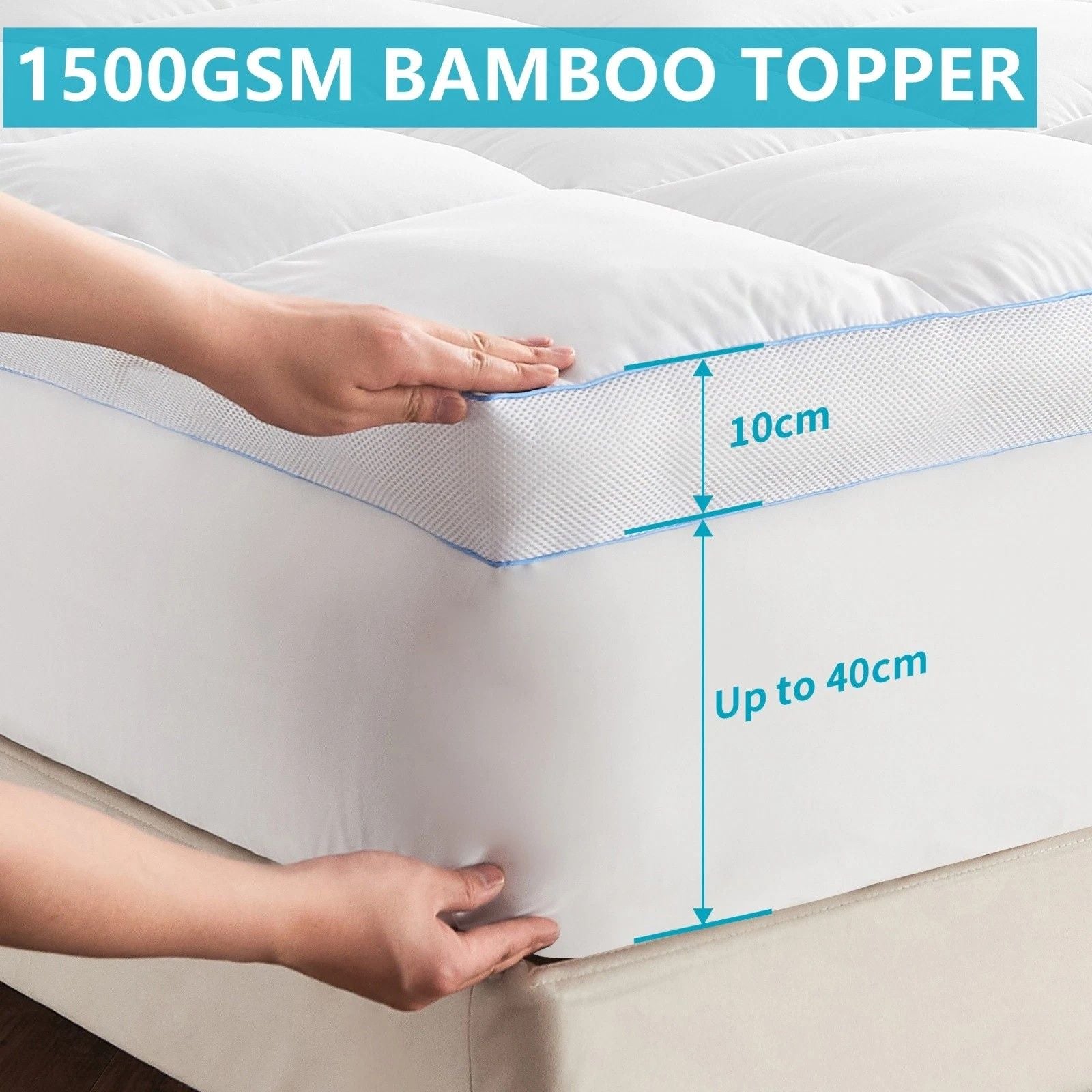 1500GSM Bamboo Mattress Topper Extra Thick 10CM Bed Topper King Single: 107 x 203 + 40 cm