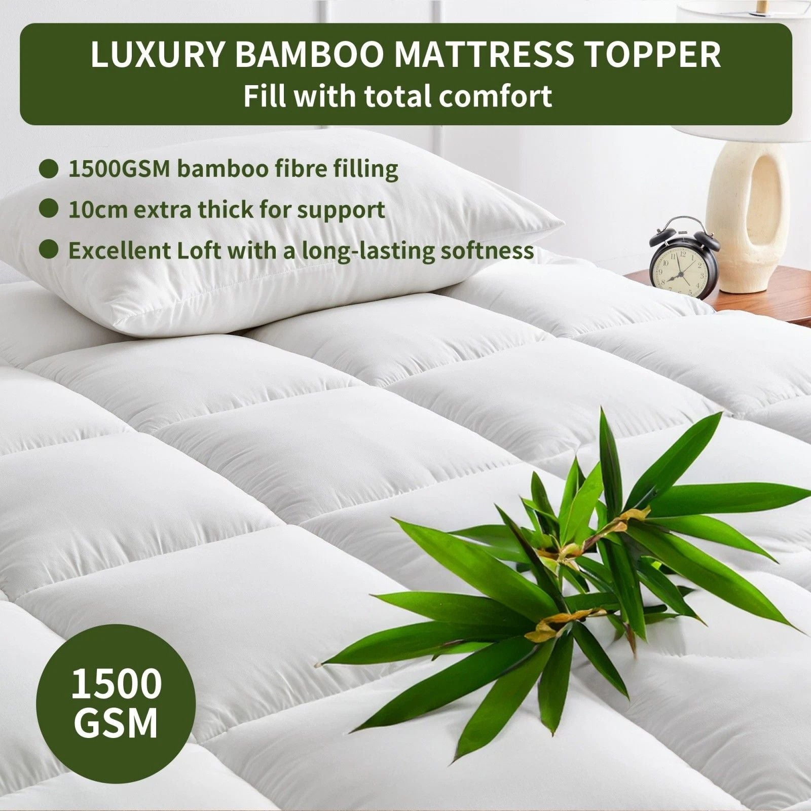 1500GSM Bamboo Mattress Topper Extra Thick 10CM Bed Topper Single: 90 x 191 + 40 cm