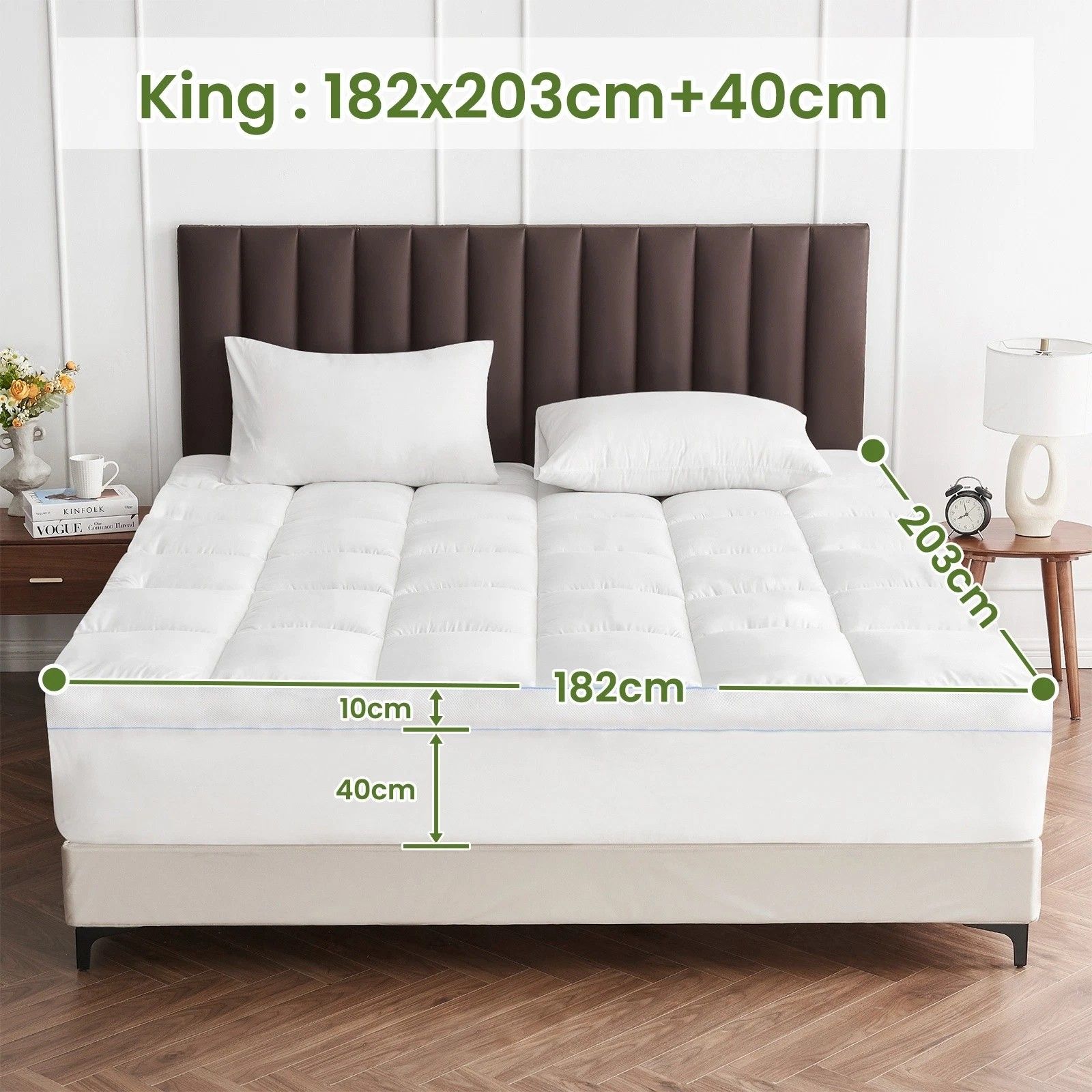 1500GSM Bamboo Mattress Topper Extra Thick 10CM Bed Topper King: 180 x 203 + 40 cm
