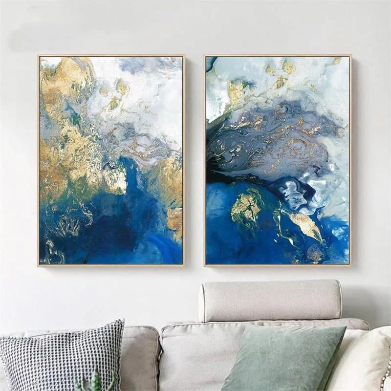 Wall Art 40cmx60cm Marbled Blue And Gold 2 Sets Gold Frame Canvas