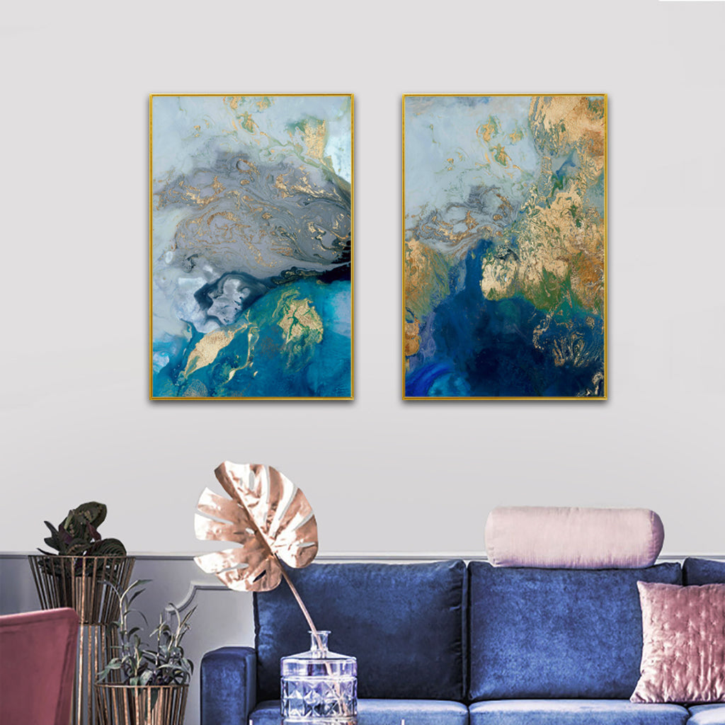 Wall Art 80cmx120cm Marbled Blue And Gold 2 Sets Gold Frame Canvas