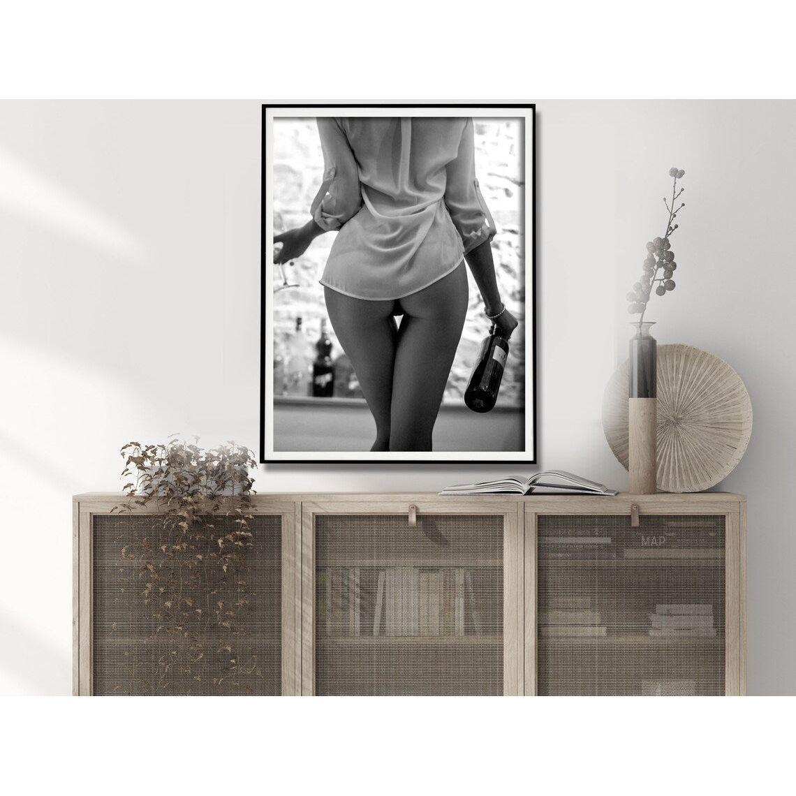 Wall Art 90cmx135cm Woman Drinking Wine , Black and White, Black Frame Canvas