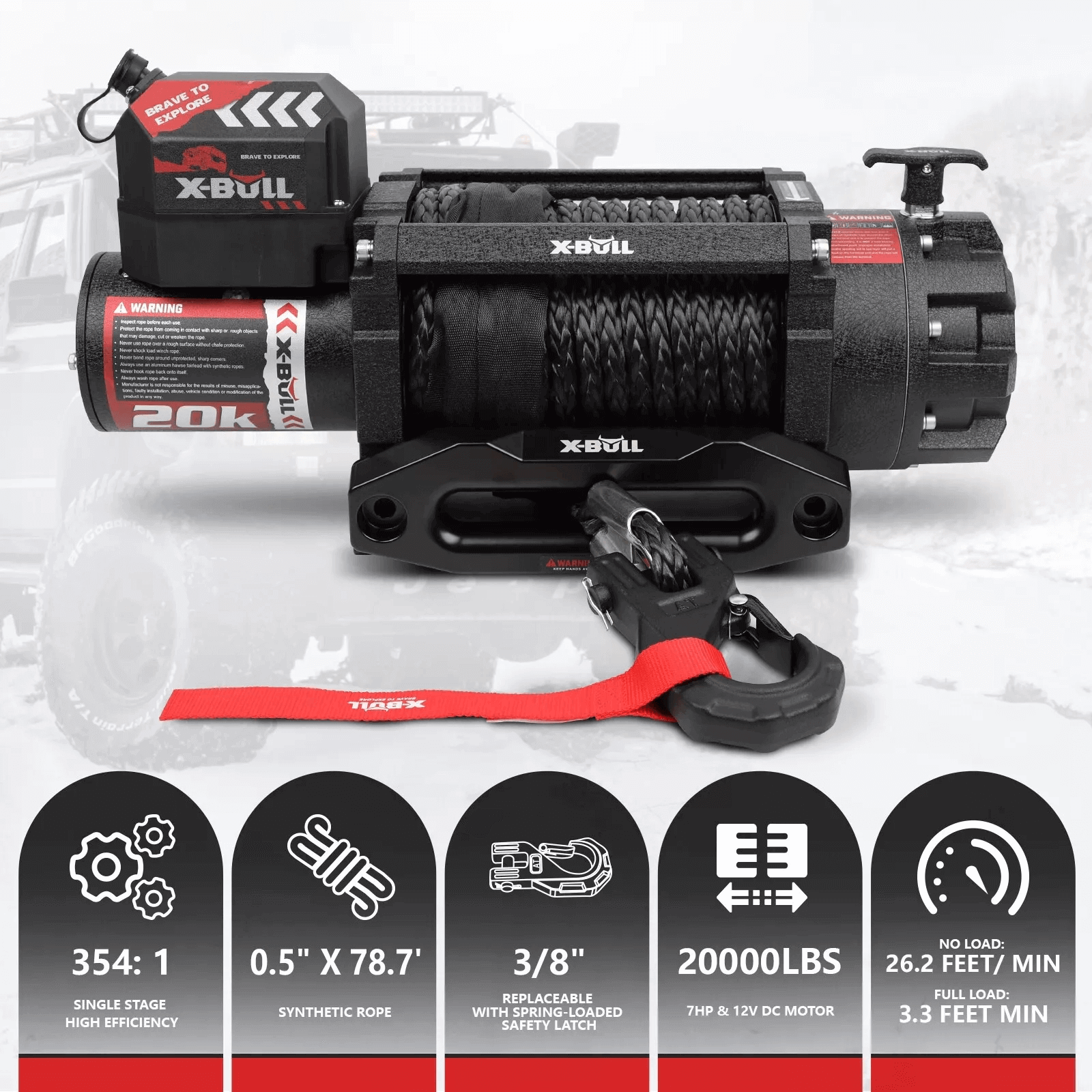 X-BULL 12V Electric Winch 20000LBS Synthetic Rope Truck Trailer Winch 4X4 4WD