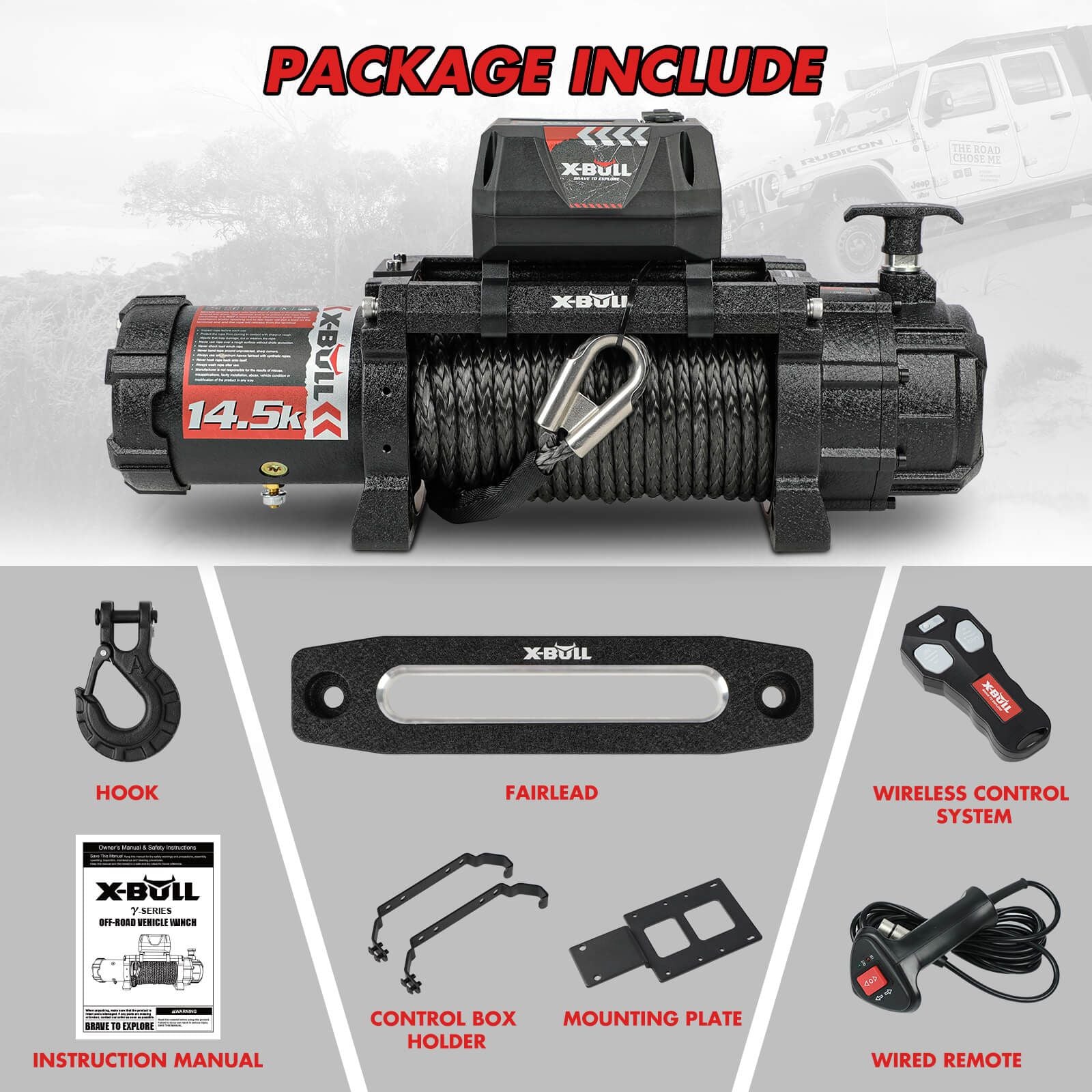 X-BULL 14500lbs Electric Winch 12V Synthetic Rope Wireless Remote Winch 4WD Car 4X4