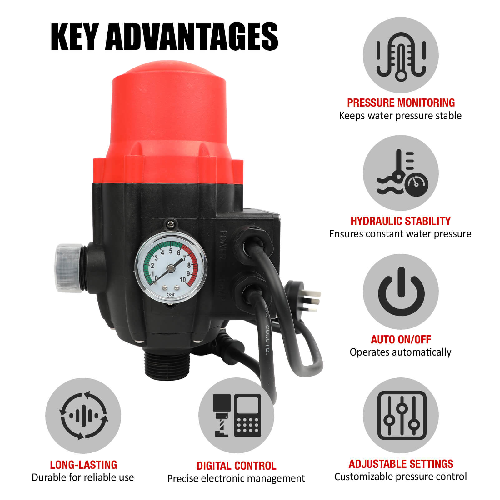 ETOSHA Water Pressure Pump Controller Auto Switch Control Electric BLACK