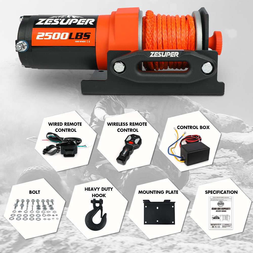 ZESUPER 12V Electric Winch 2500lbs Synthetic Rope Wireless Remote ATV UTV BOAT