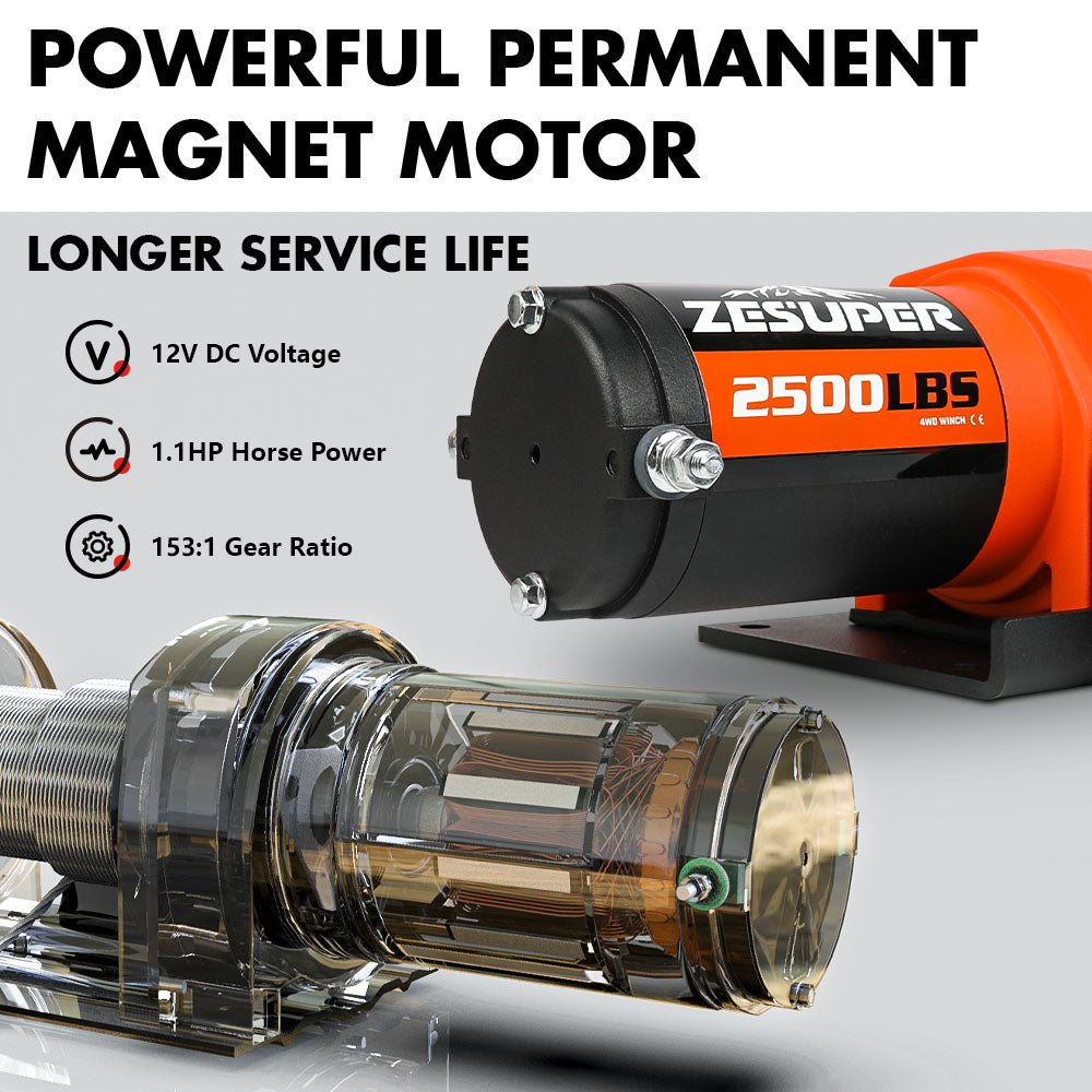 ZESUPER 12V Electric Winch 2500lbs Synthetic Rope Wireless Remote ATV UTV BOAT