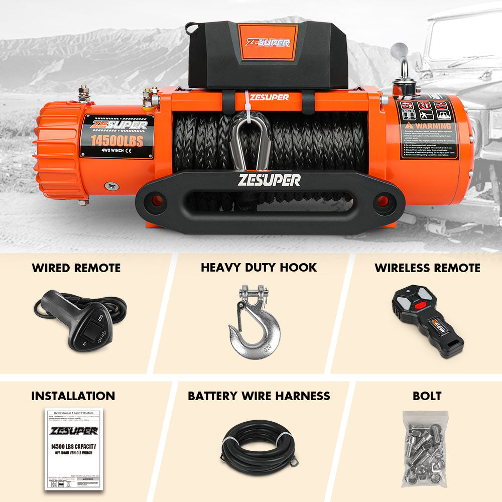 ZESUPER 12V Electric Winch 14500lbs Synthetic Rope Wireless Remote ATV UTV 4WD