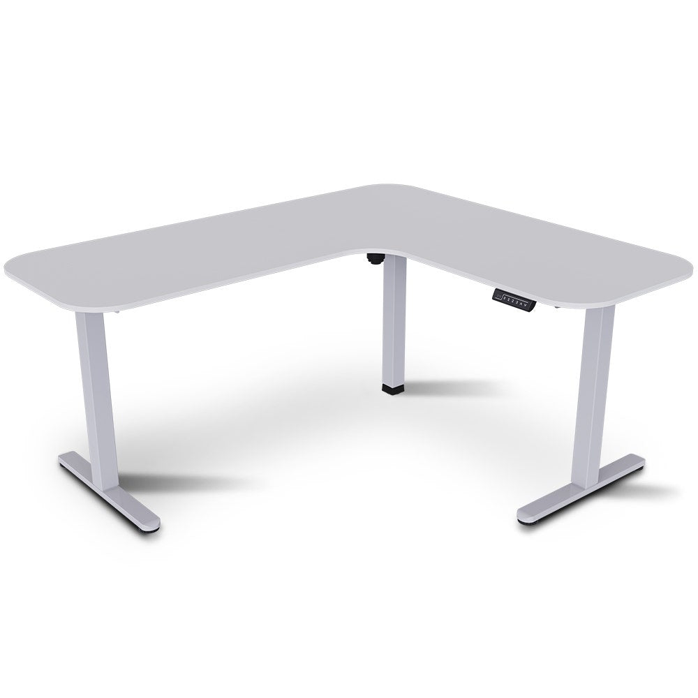 FORTIA Corner Standing Desk, 160x140cm, 72-118cm Sit to Stand Up Electric Height Adjustable, White Desktop/Silver Frame