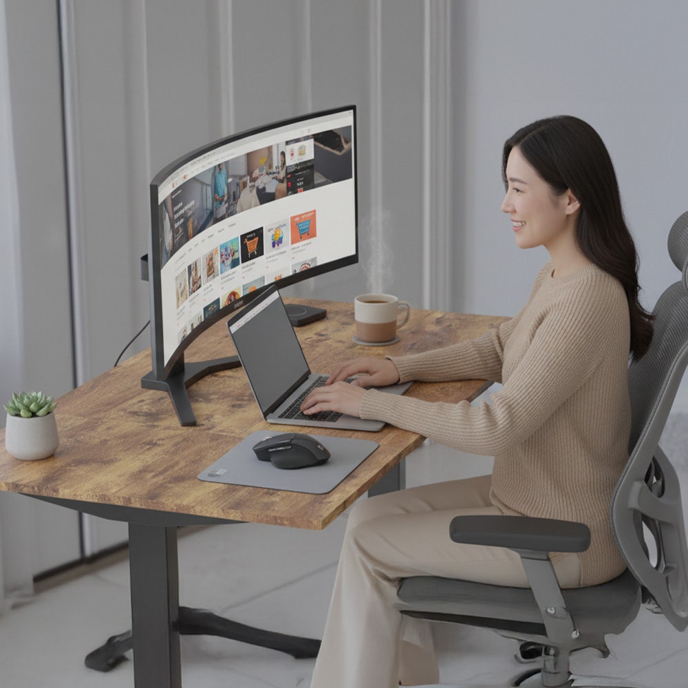 FORTIA Sit to Stand Standing Desk, 160x60cm, 72-118cm Electric Height Adjustable, Walnut Style Desktop/Black Frame