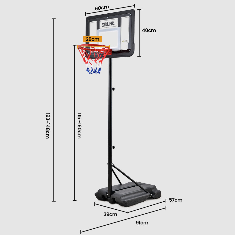 DR. DUNK Portable Kids Basketball Hoop Stand System, 1.15m to 1.60m Height Adjustable