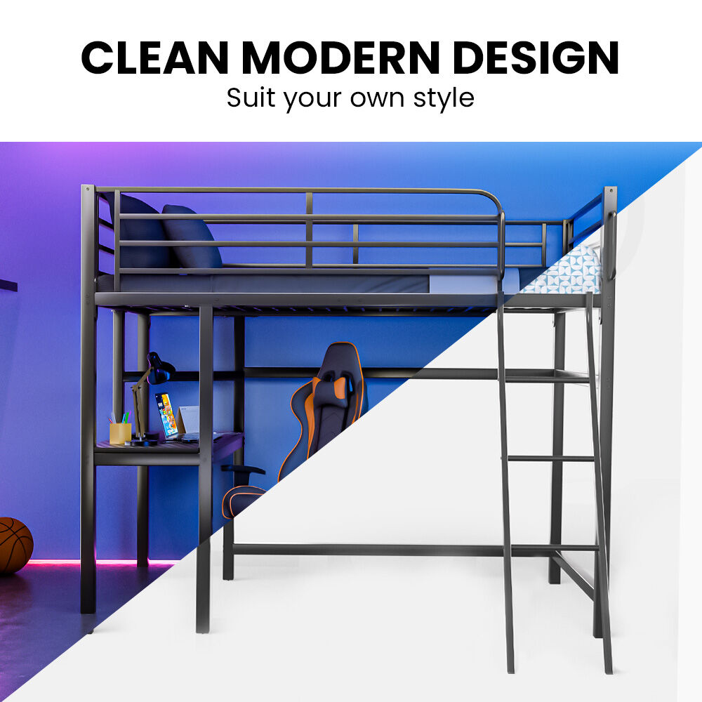 Gaming Loft Bed with Desk, Steel Metal Frame, Space Saving Design, for Single Mattress, Matte Dark Grey