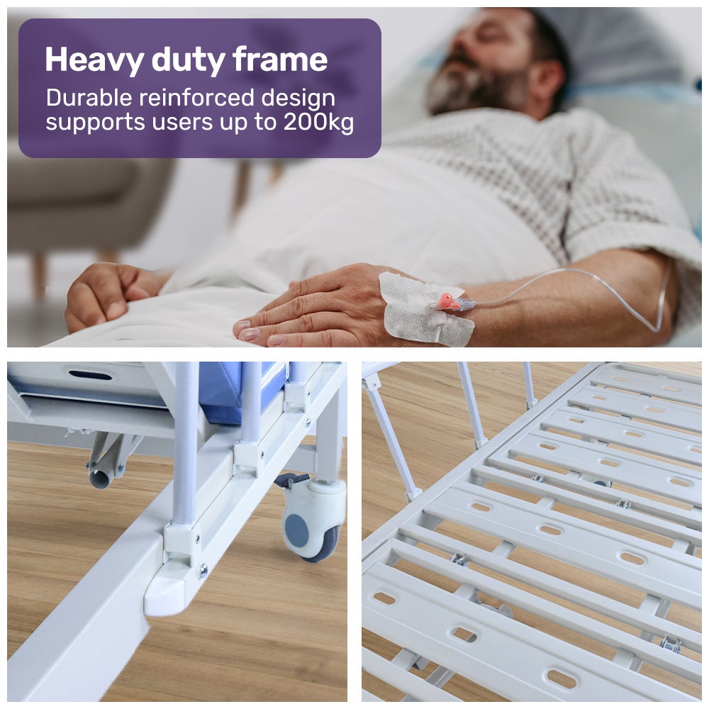 EQUIPMED Electric 8 Function Medical Bed , w/ Mattress & Over Bed Table, Adjustable Back and Leg Lifting, Lateral Tilting, Commode Bowl, IV Pole