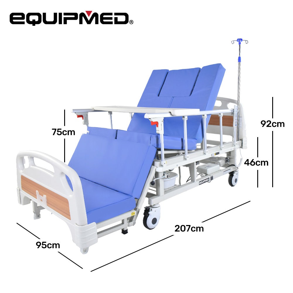 EQUIPMED Electric 8 Function Medical Bed , w/ Mattress & Over Bed Table, Adjustable Back and Leg Lifting, Lateral Tilting, Commode Bowl, IV Pole