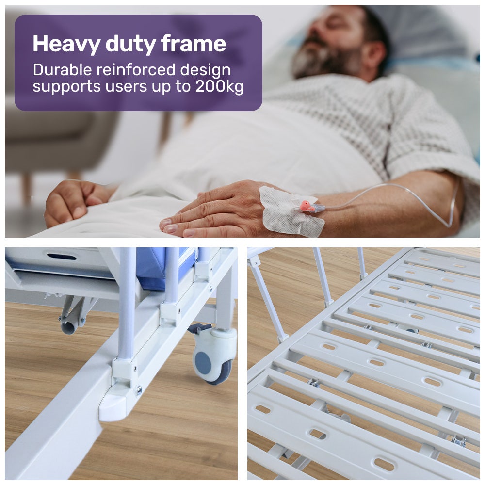 EQUIPMED 4 Function Medical Bed, w/ Mattress & Over Bed Table, Easy Manual Adjustable Back and Leg Incline, IV Pole